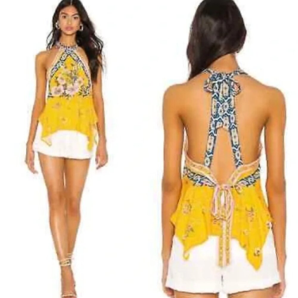 Free People New Wave Yellow💐Floral Halter 🌸Top M MSRP $108 Boho🆕📦⌚🏃💨⚡🚚 - Picture 1 of 16